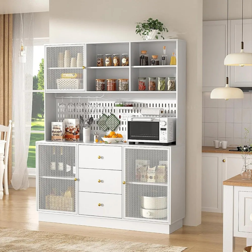 Large Kitchen Hutch Cabinet Pantry Storage with Metal Doors & Pegboard