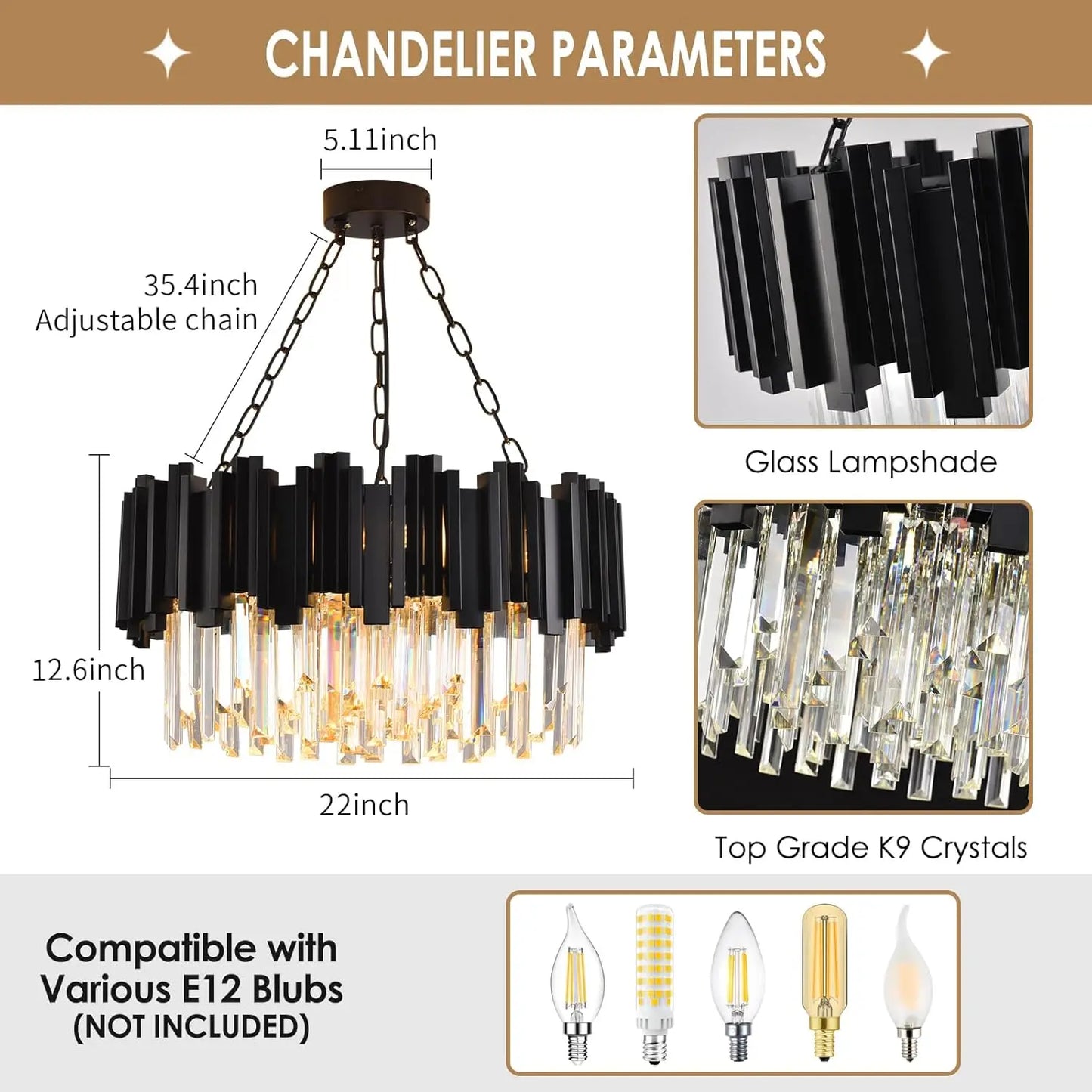 Black Crystal Chandelier Modern 9-Light Fixture for Living Room Entryway