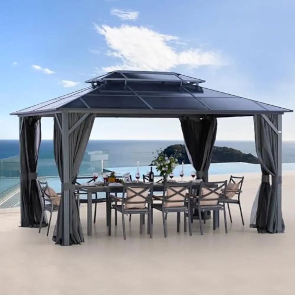 Ljustra 10X13FT Outdoor Gazebo Hardtop Canopy with Netting & Curtains