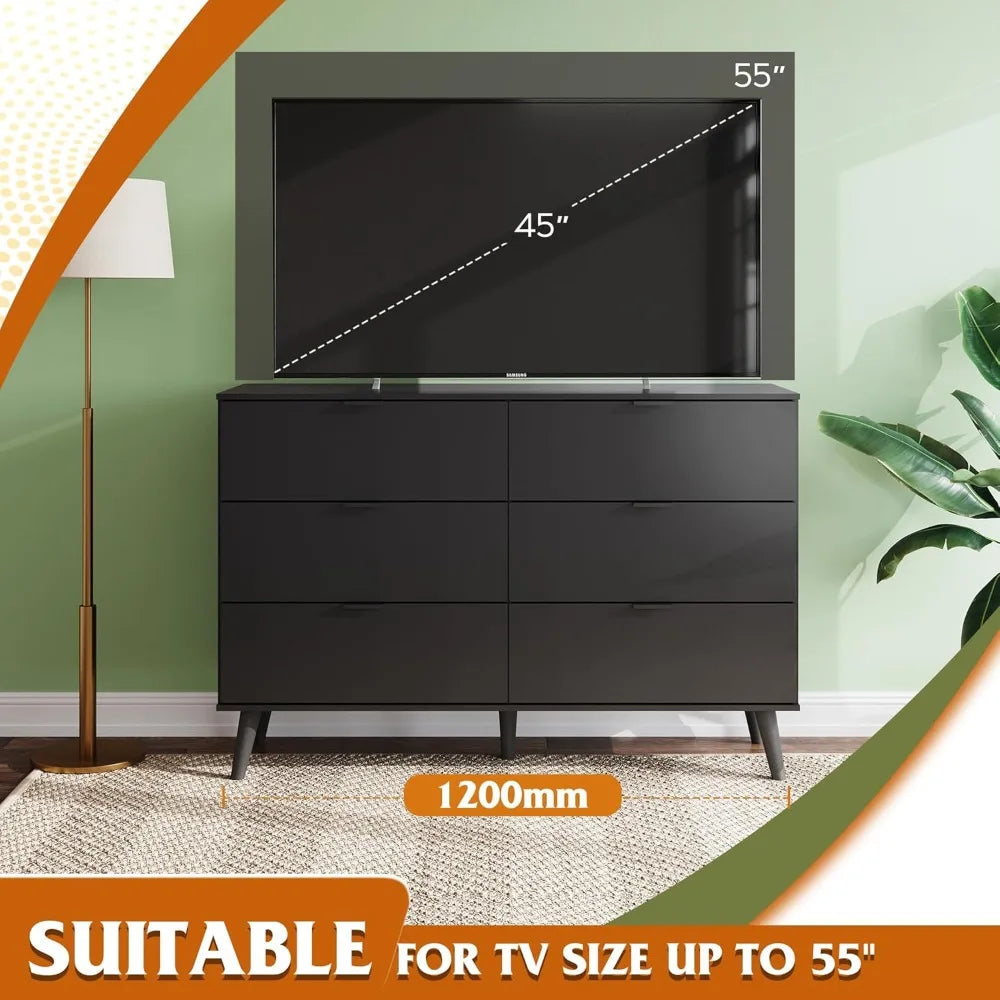 Black Dresser 6 Drawer Modern Storage Organizer TV Stand 55 Inch