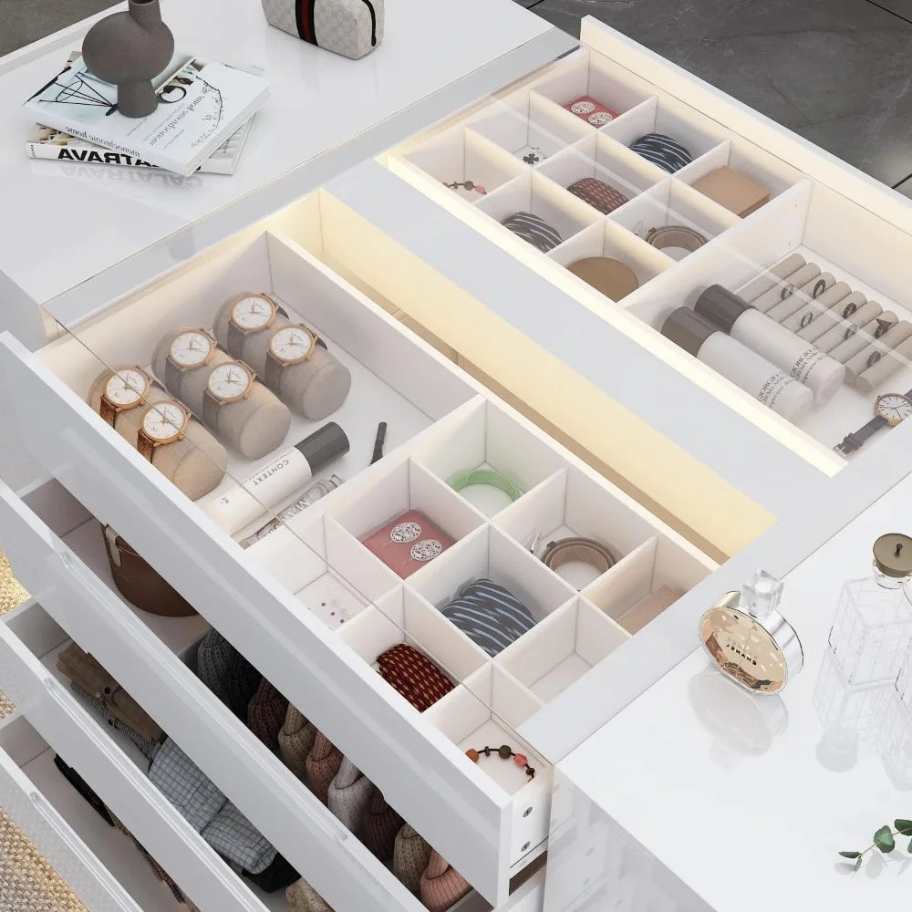 Armoire Bedroom Island LED Light Glass Tabletop Storage Organizer