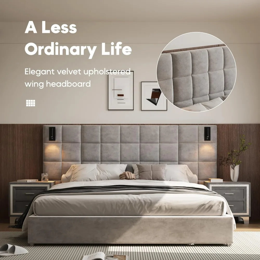 King Platform Bed Frame with Velvet Headboard and LED Sconces