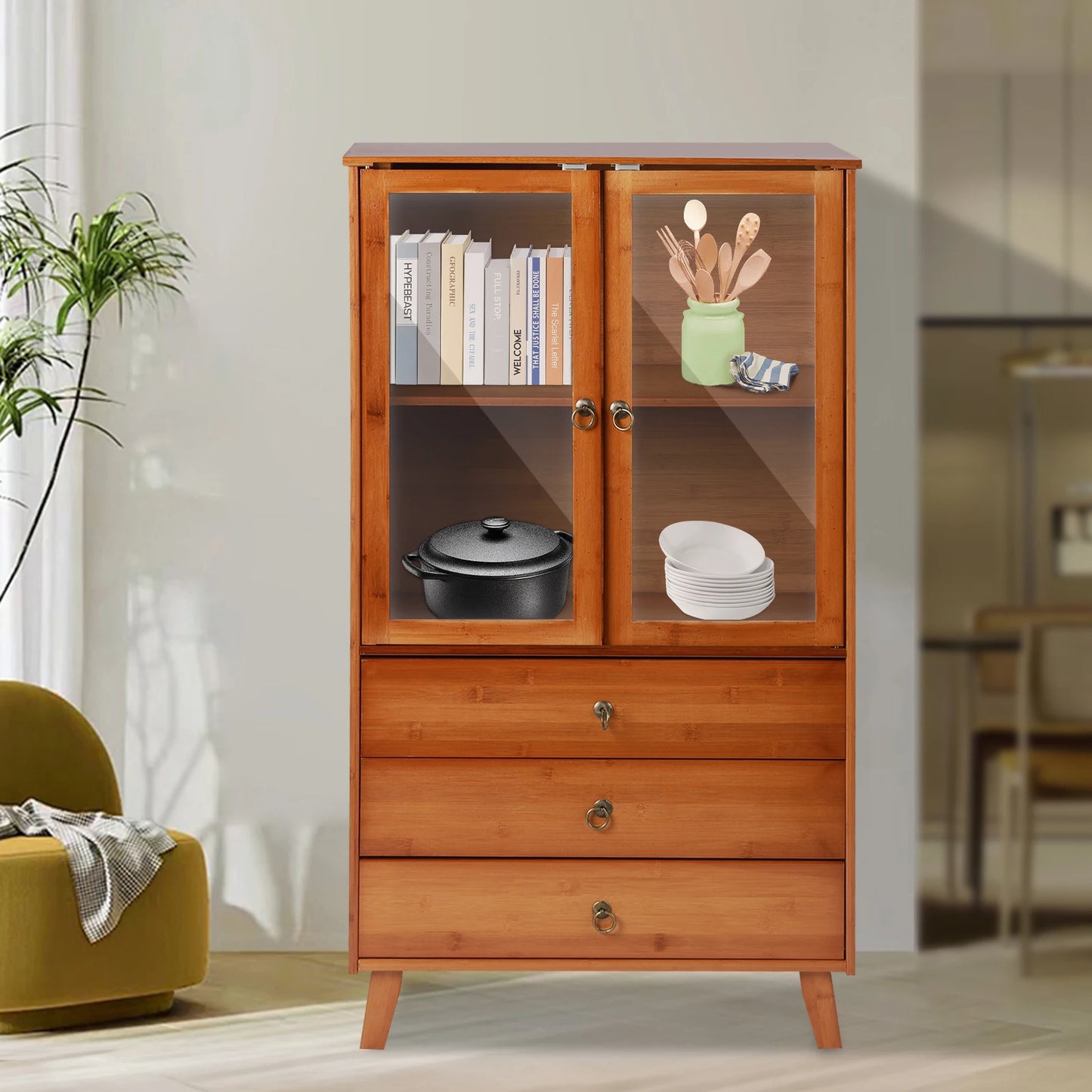 5-Tier Bamboo Kitchen Buffet Hutch Storage Cabinet with Drawer