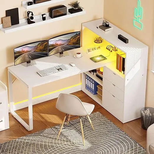 L Shaped Desk with Power Outlets LED Lights Computer Desk with Drawers