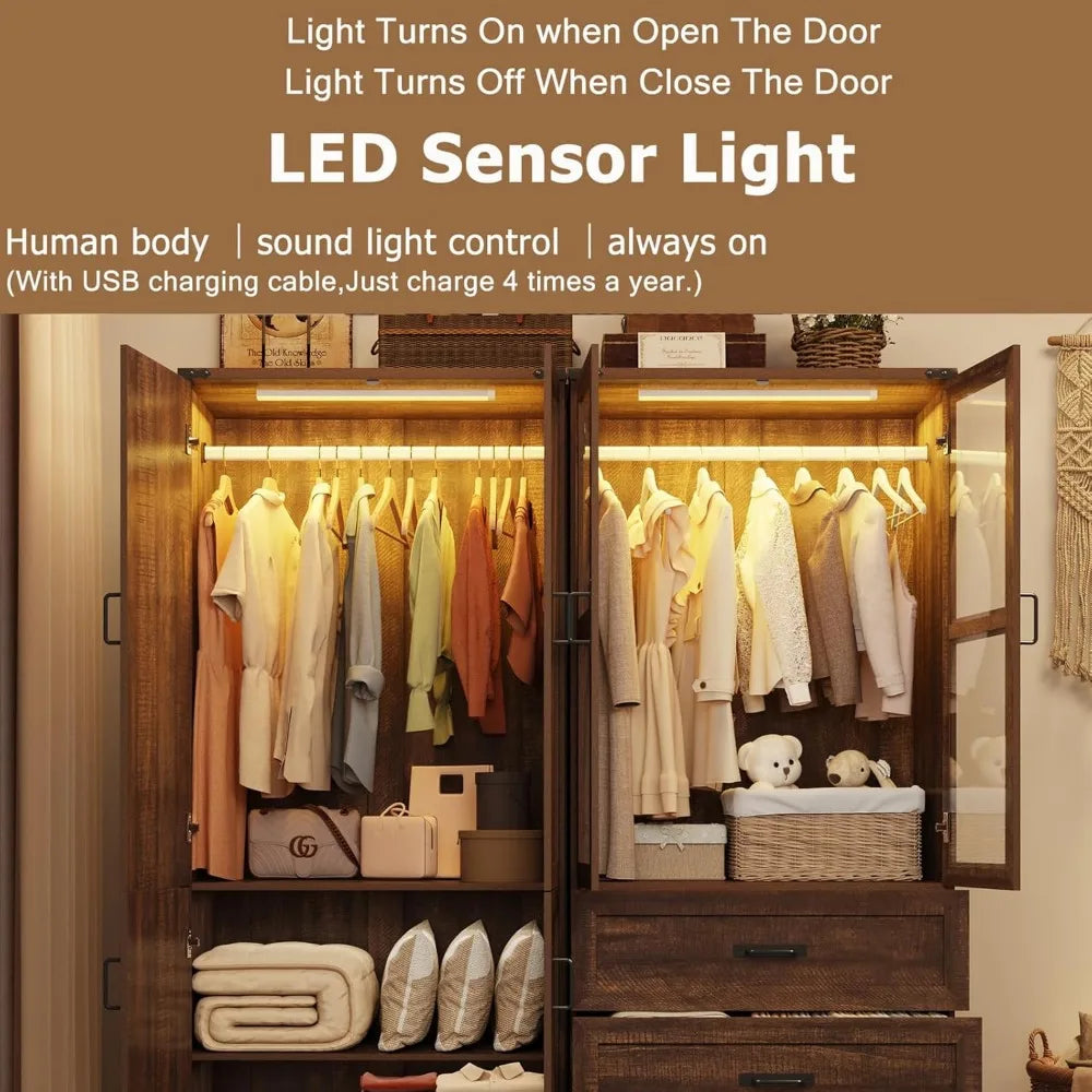 Ljustra 75" Tall Farmhouse 4 Doors Armoire Wardrobe Closet with LED