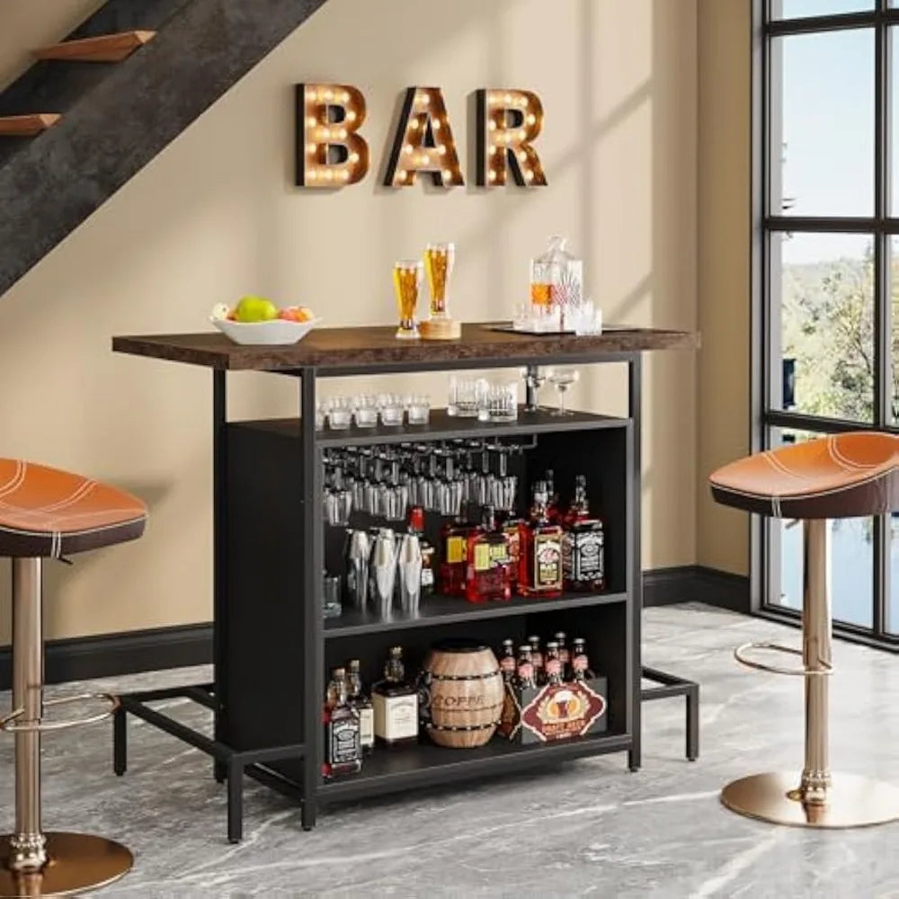 Industrial Home Bar Unit 3-Tier Liquor Table with Stemware Racks