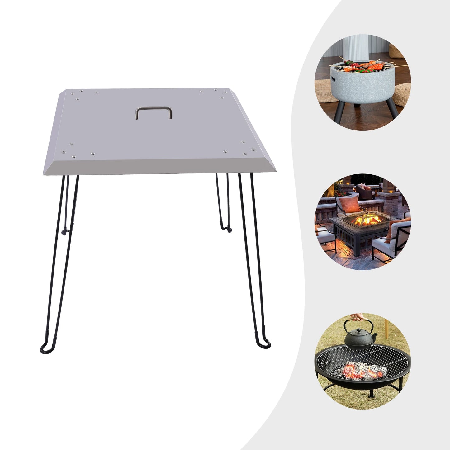 Stainless Steel Fire Pit Heat Deflector Square Lid with Foldable Legs