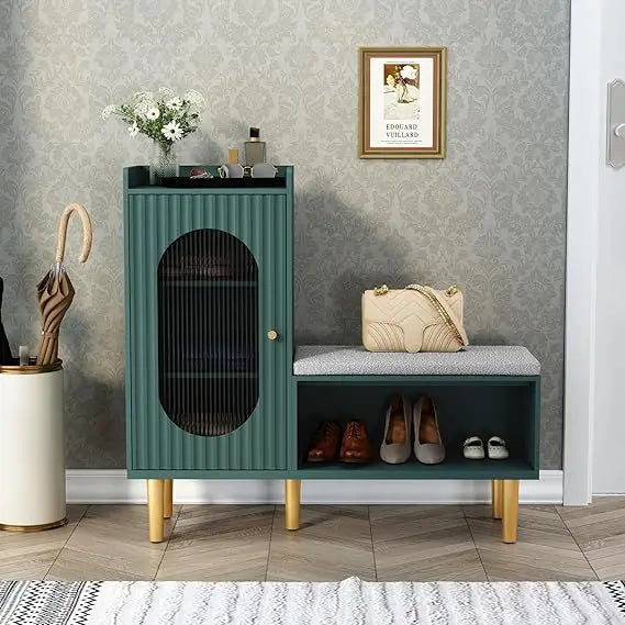 Modern Entryway Storage Bench with Glass Door and Padded Seat