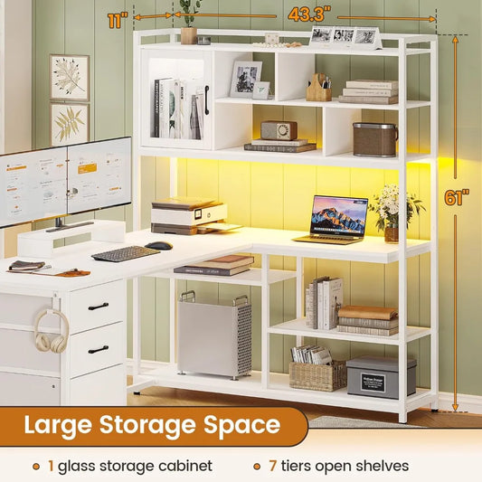L Shaped Computer Desk with Drawers Bookshelf LED Light Home Office
