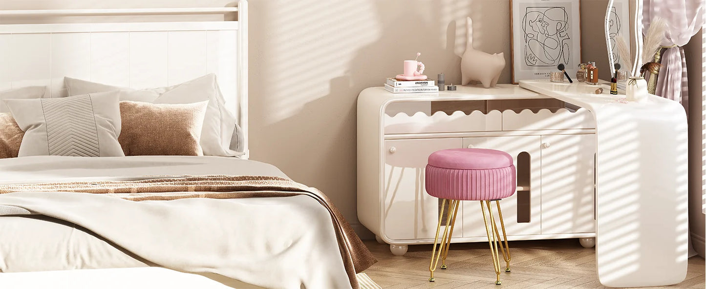 Redlife Velvet Vanity Stool Chair with Storage Makeup Footrest Living Room