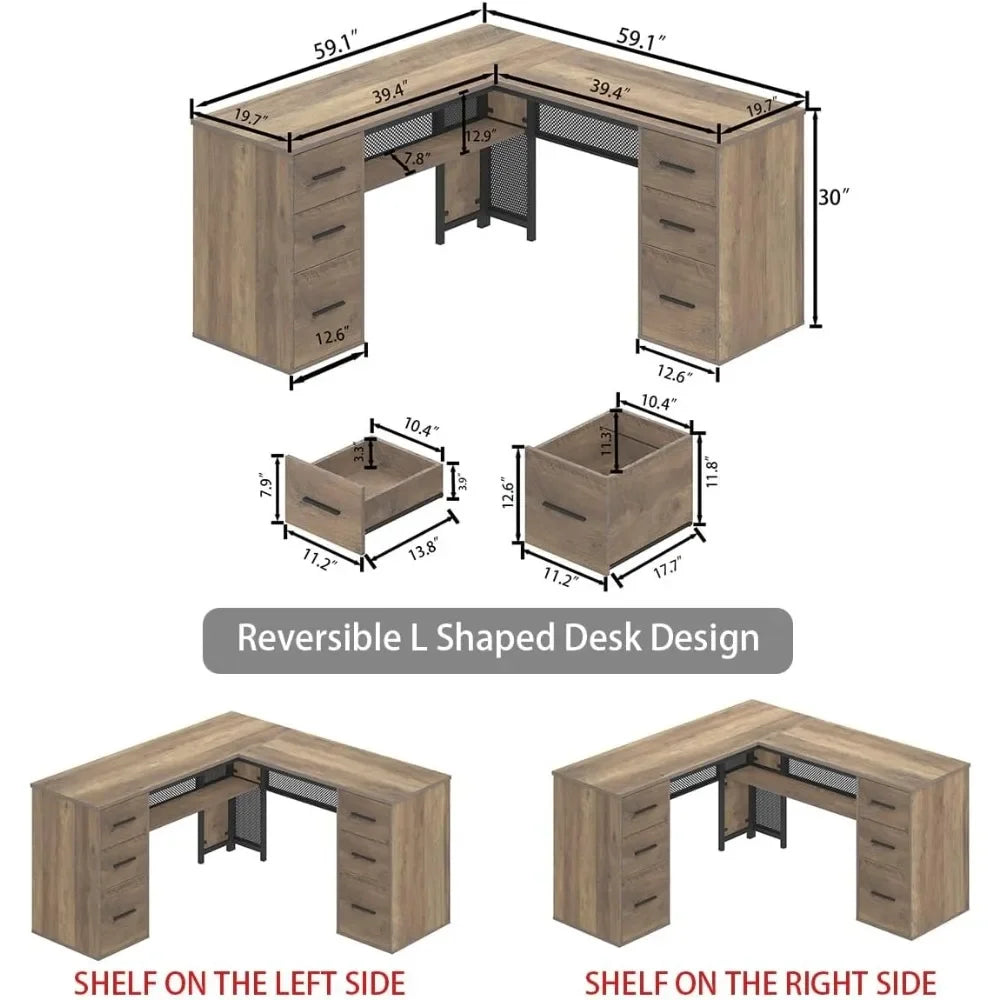 Large L Shaped Home Office Desk with Drawers Rustic Computer Desk