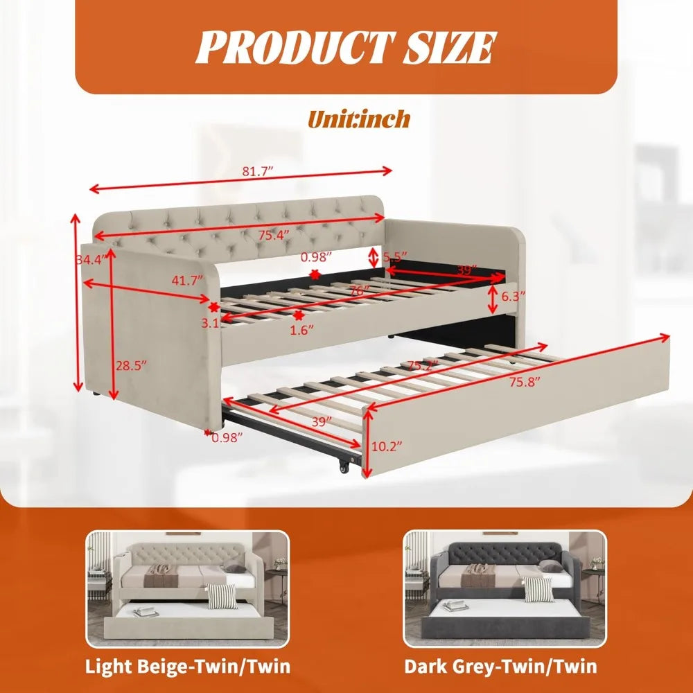 Twin Size Upholstered Daybed with Trundle Velvet Sofa Bed USB Port