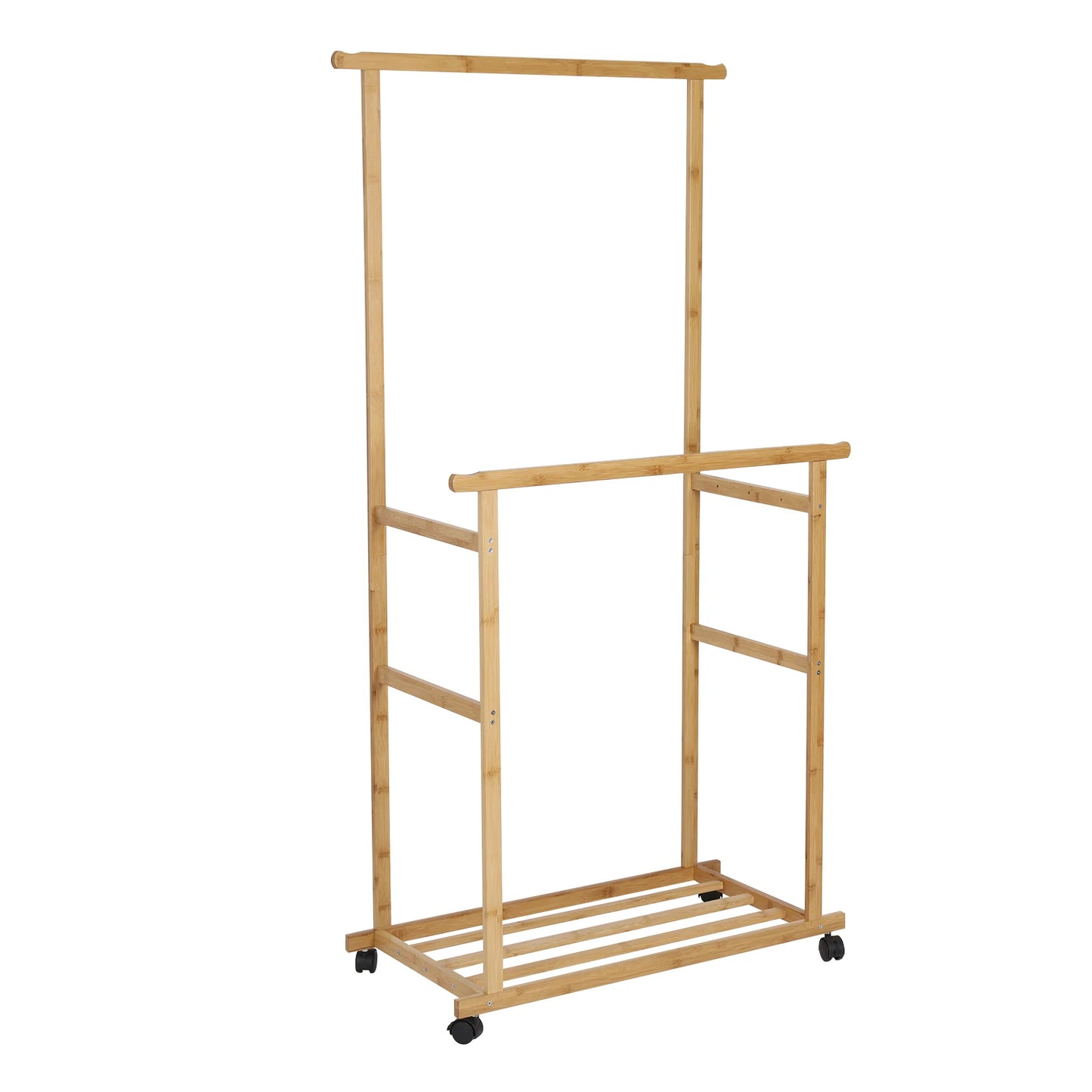 Ljustra Bamboo Clothes Rail Double Hanging Rack on Wheels with Shelves