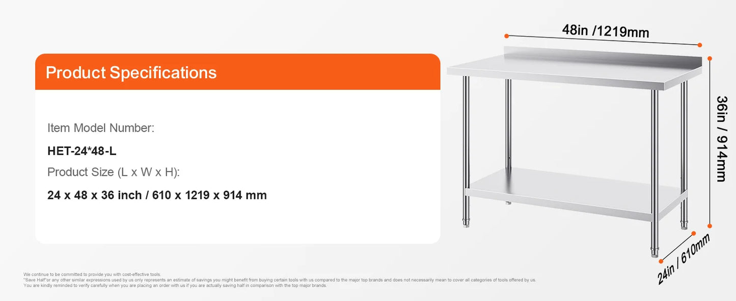 SucceBuy Stainless Steel Work Table Heavy Duty Adjustable Kitchen Table