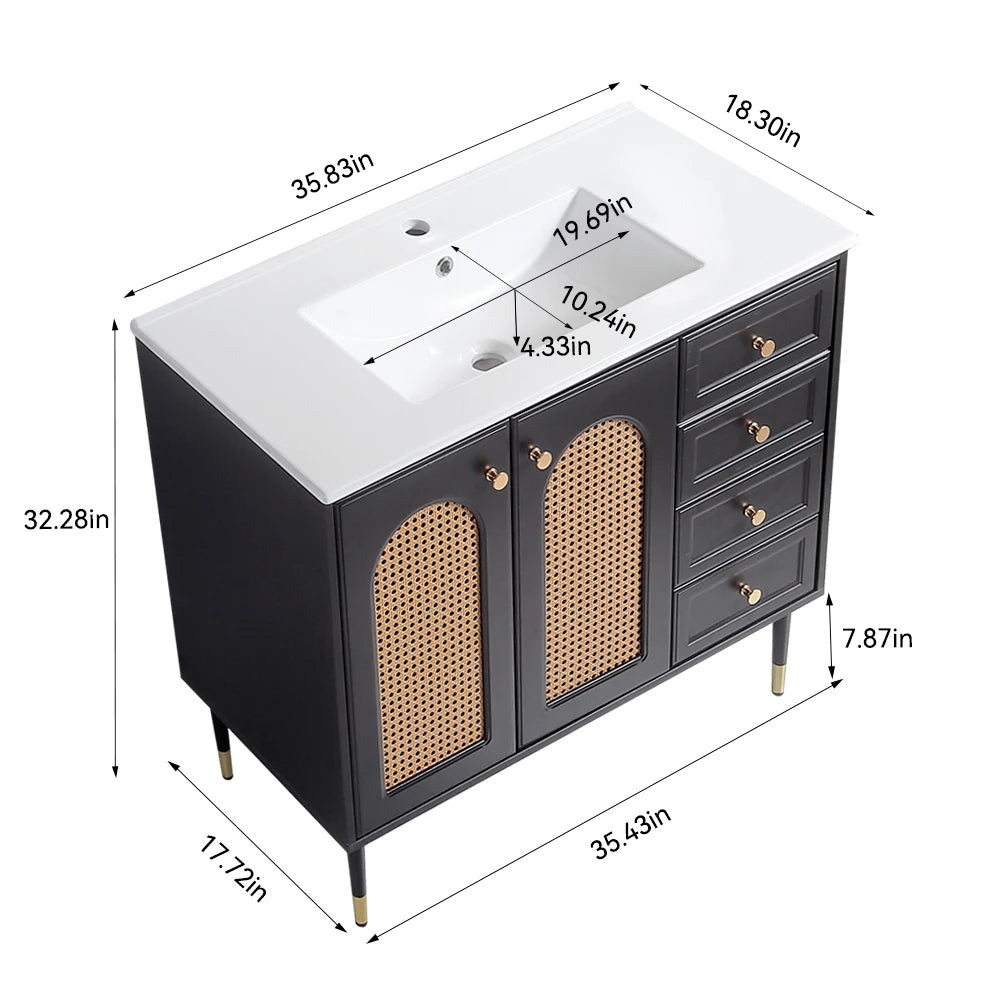 36 Inch Bathroom Vanity with Ceramic Basin Rattan Storage Cabinet