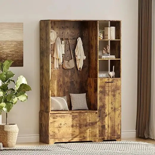 Hall Tree Bench Shoe Storage Coat Rack Entryway Organizer 6-in-1