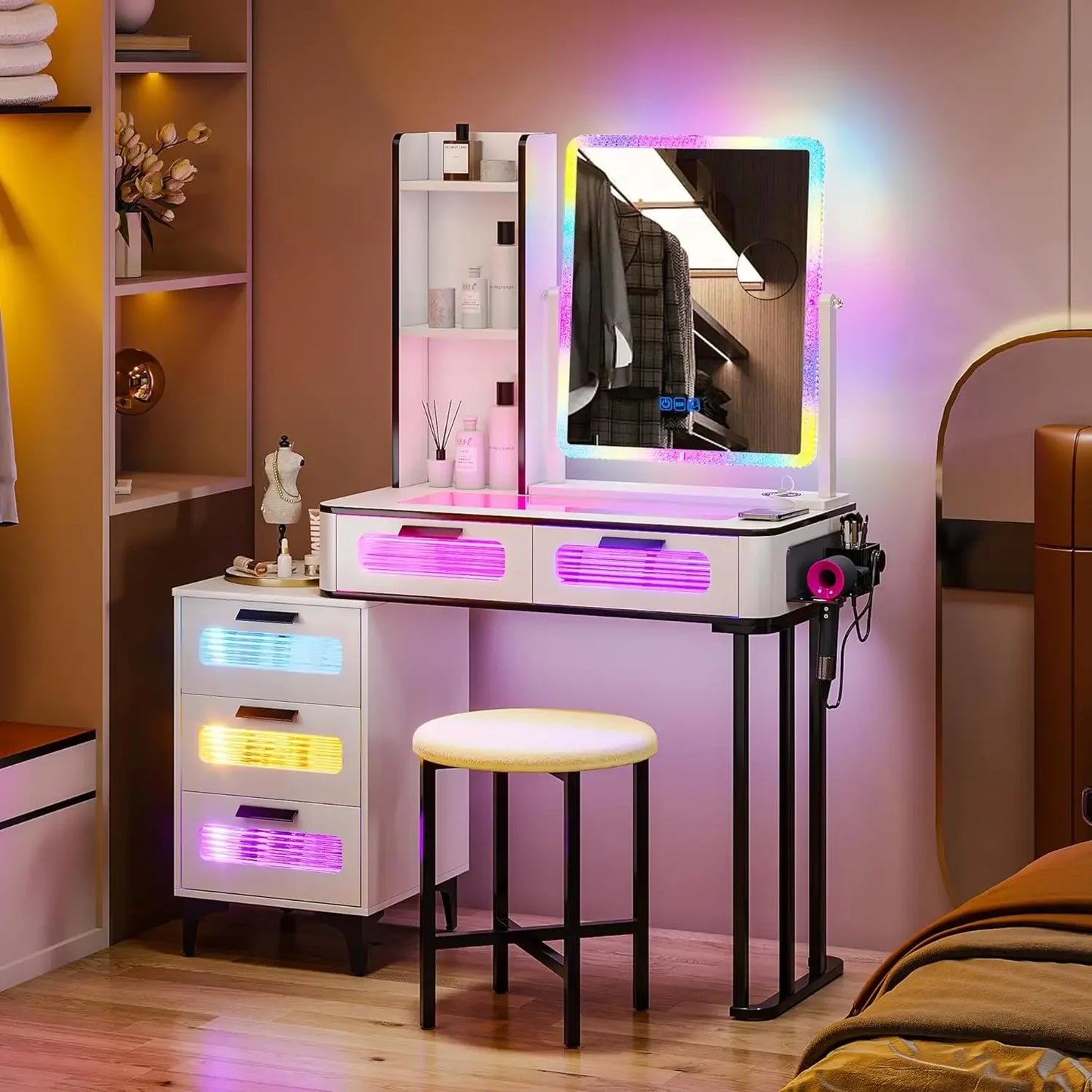 Makeup Vanity Table with Wireless Charging USB Ports 5 Drawers LED Mirror
