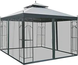 10x10 Patio Gazebo Double Roof Outdoor Shelter with Netting and Shelves