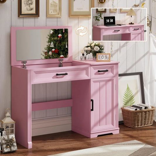 Farmhouse Vanity with Flip Mirror and Storage Cabinet for Bedroom