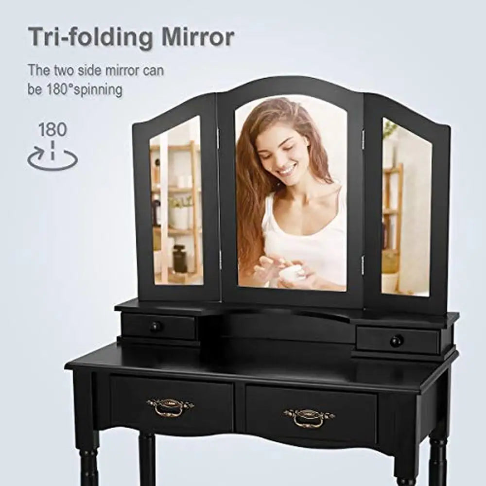 Makeup Vanity Set Writing Desk Trifold Mirror Stool Organizer Wood Retro