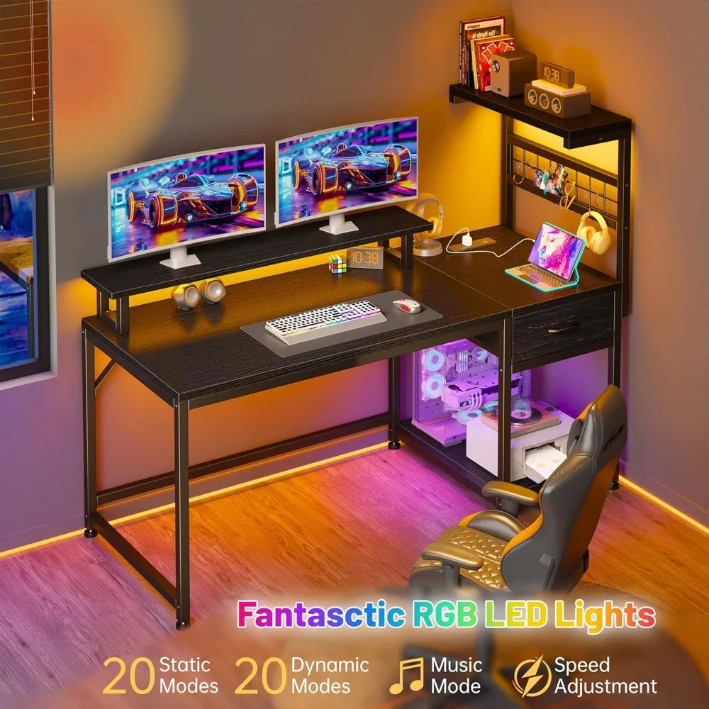 Ljustra 48 Inch Reversible Computer Desk with Power Outlets and LED Lights