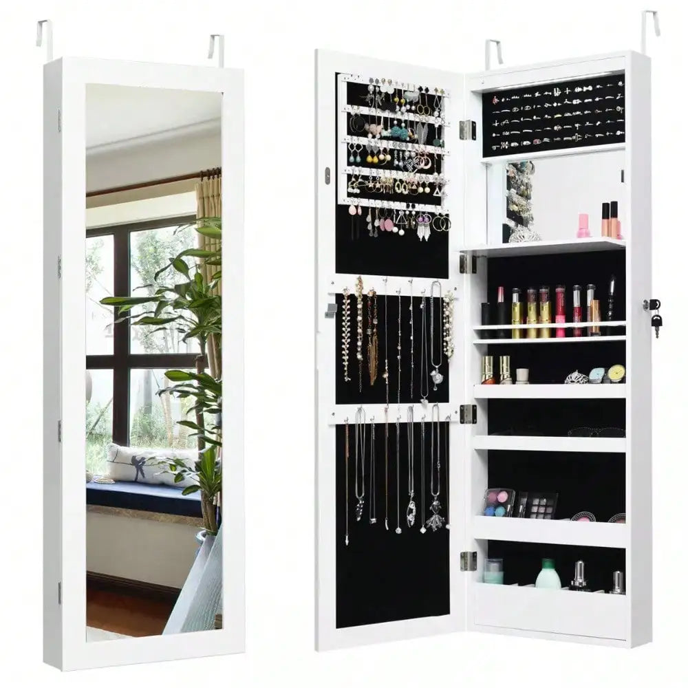 Lockable Mirror Jewelry Cabinet Armoire Organizer Wall Door Mounted LED