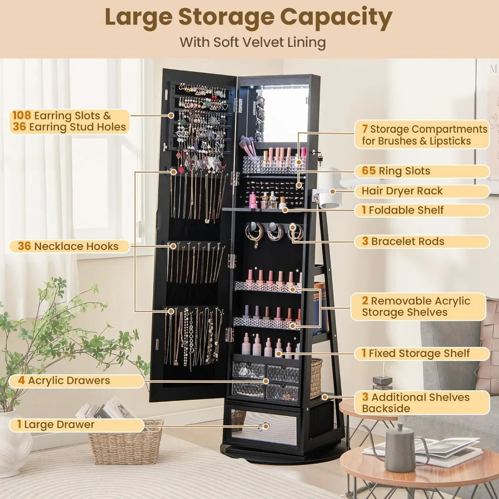 360 Swivel Jewelry Cabinet Armoire Full Length Mirror LED Organizer