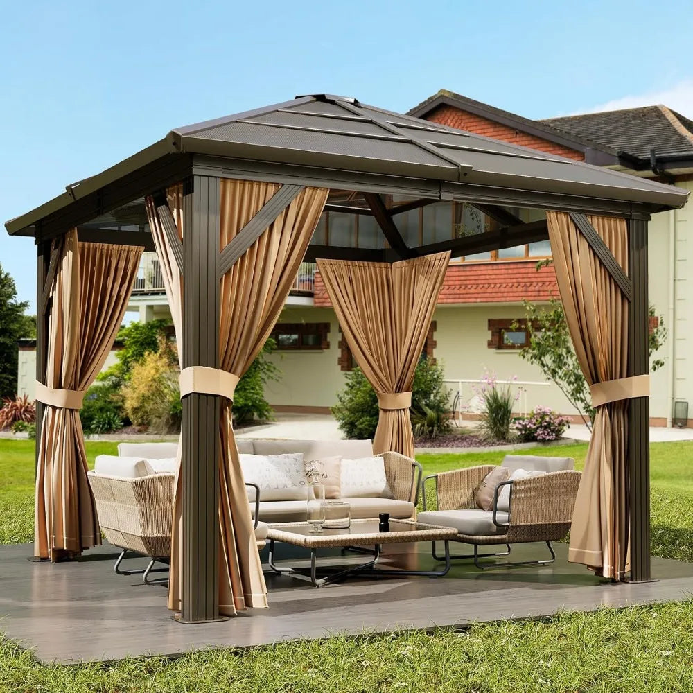Aluminum Framed Outdoor Pavilion Gazebo with Curtains and Netting 10x12