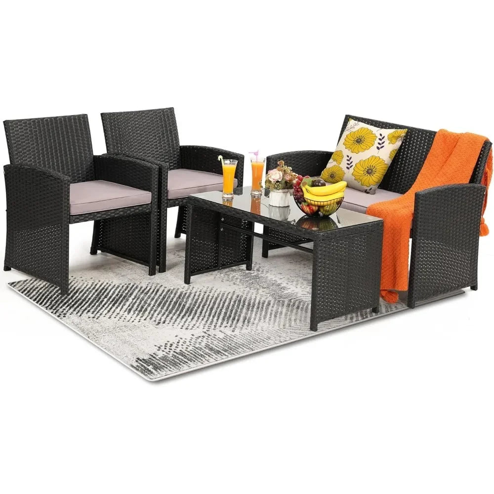 4 Piece Rattan Patio Furniture Set Outdoor Sectional Sofa Chairs Table