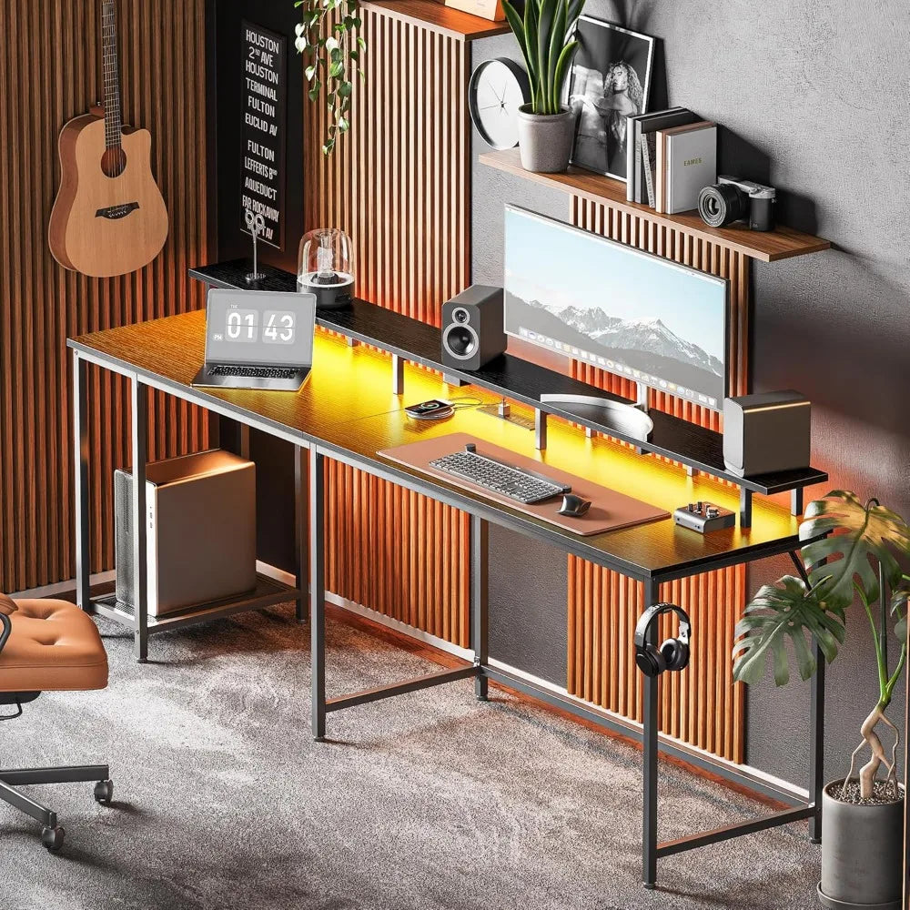 L Shaped Gaming Desk with LED Lights Power Outlets Modern Design