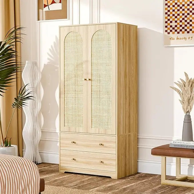 Ljustra Rattan Wardrobe Closet with Doors Drawers Hanging Rod Storage