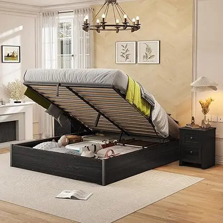 Ljustra Lift Up Storage Bed Frame Queen Wooden Platform Industrial Rustic