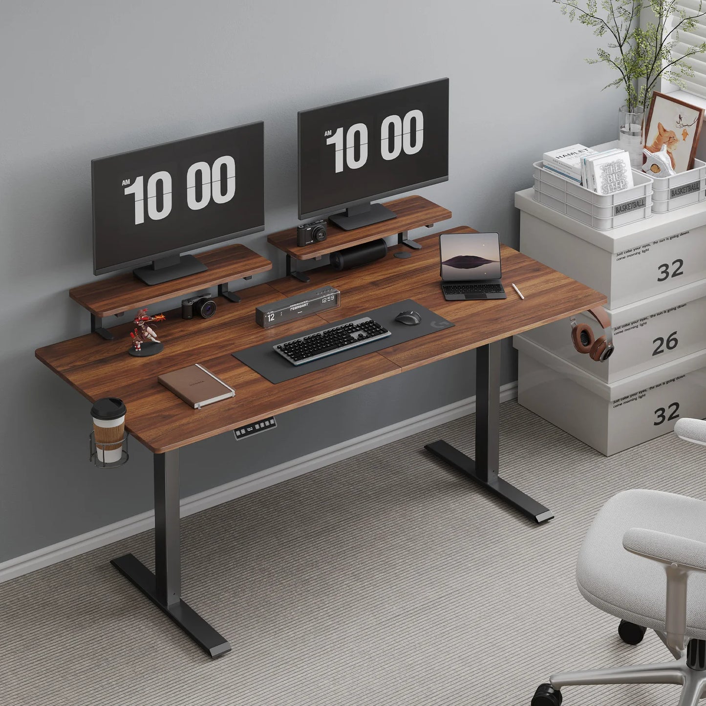 Electric Standing Desk with Adjustable Monitor Shelves and Memory Controller