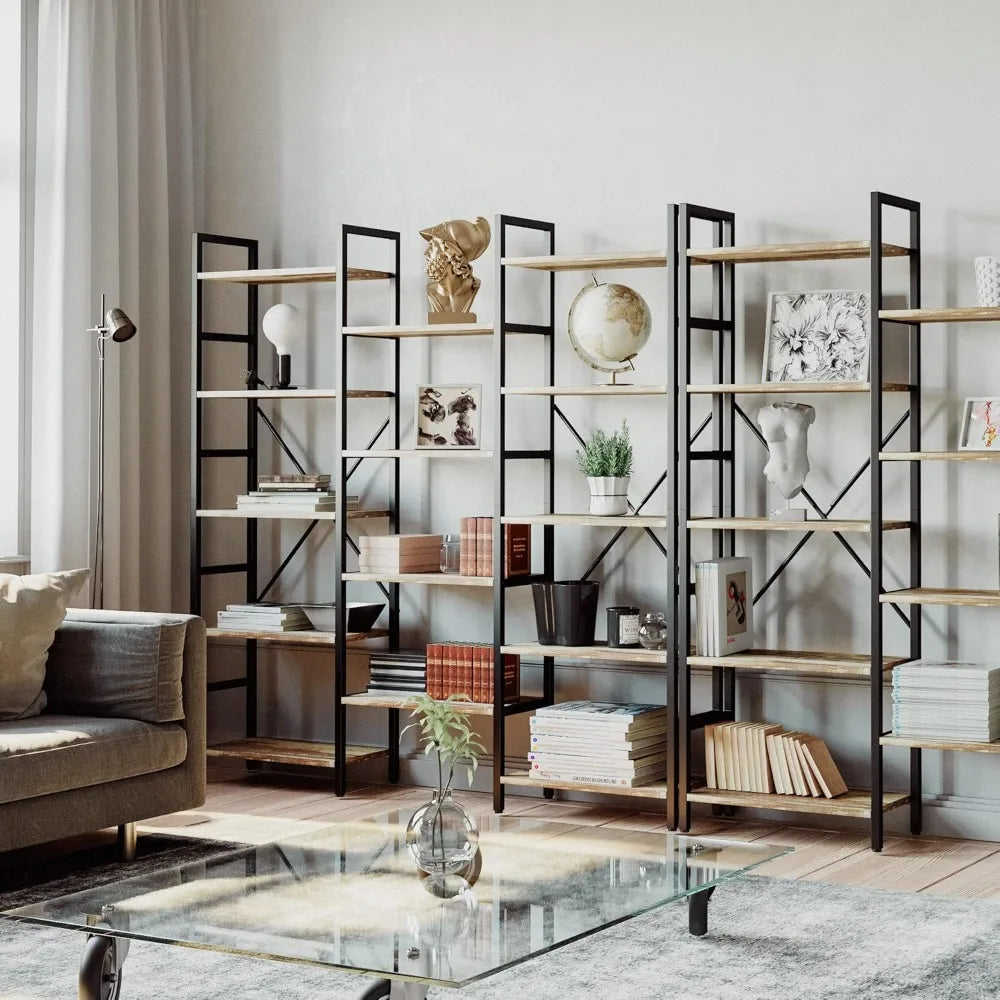 Triple Wide Industrial Bookshelf 5 Tiers Large Open Display Shelf