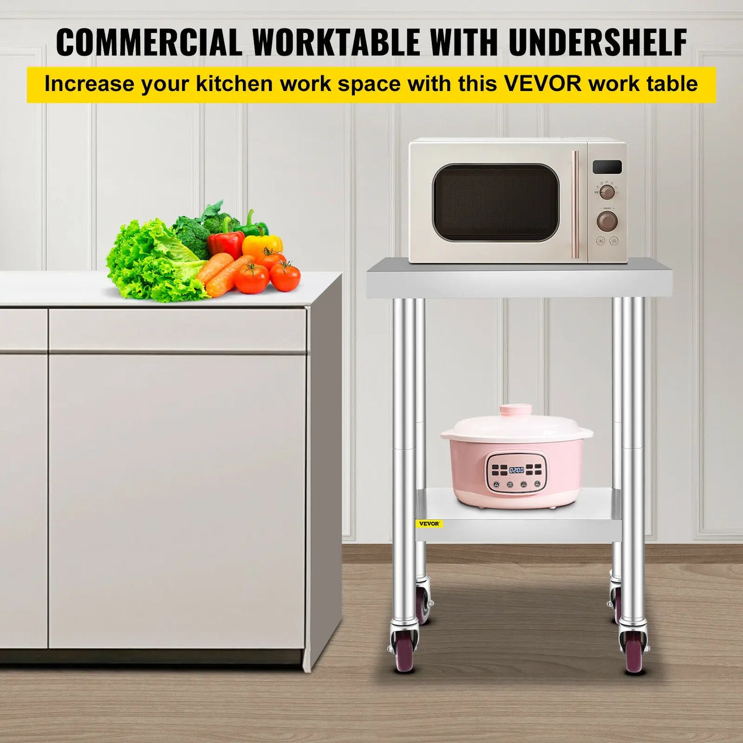 SucceBuy Stainless Steel Kitchen Worktable with Wheels for Home Restaurant