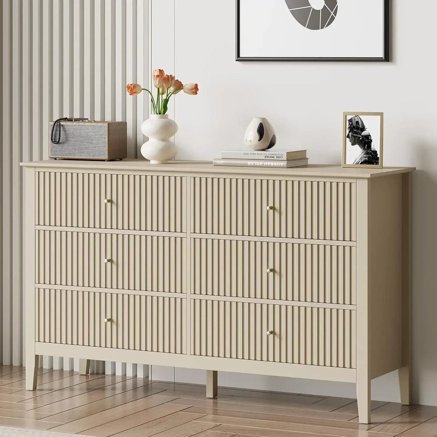 Beige 6 Drawer Dresser Fluted Modern Wood Chest TV Stand Storage Cabinet