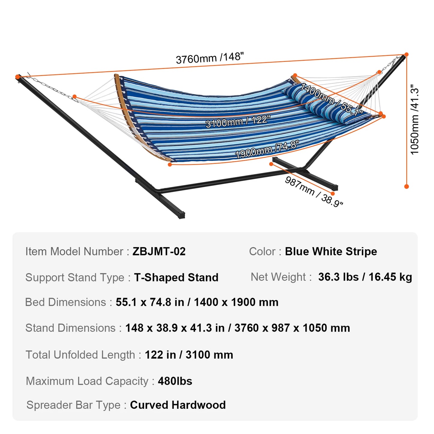 Ljustra Double Hammock with Stand Pillow Portable Outdoor Relaxation