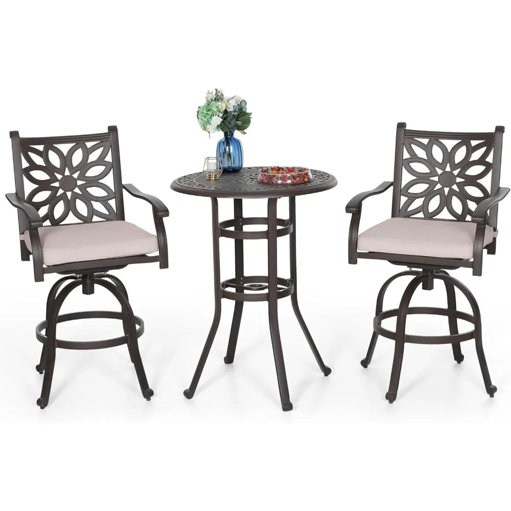 Patio Furniture Set 3 Pieces Cast Aluminum High Top Table Swivel Stools