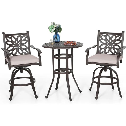 Patio Furniture Set 3 Pieces Cast Aluminum High Top Table Swivel Stools