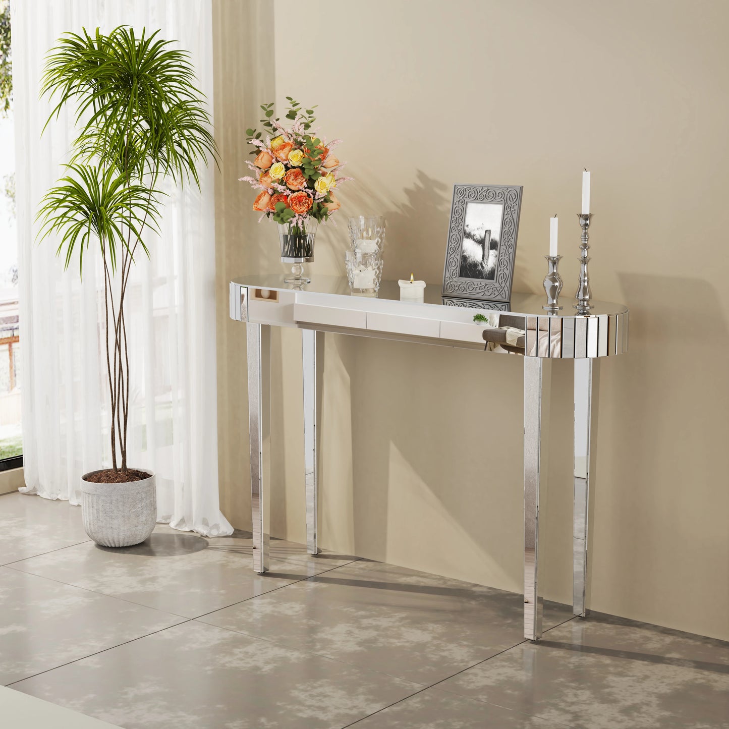 Mirrored Console Table Makeup Vanity Desk Modern Home Office Furniture