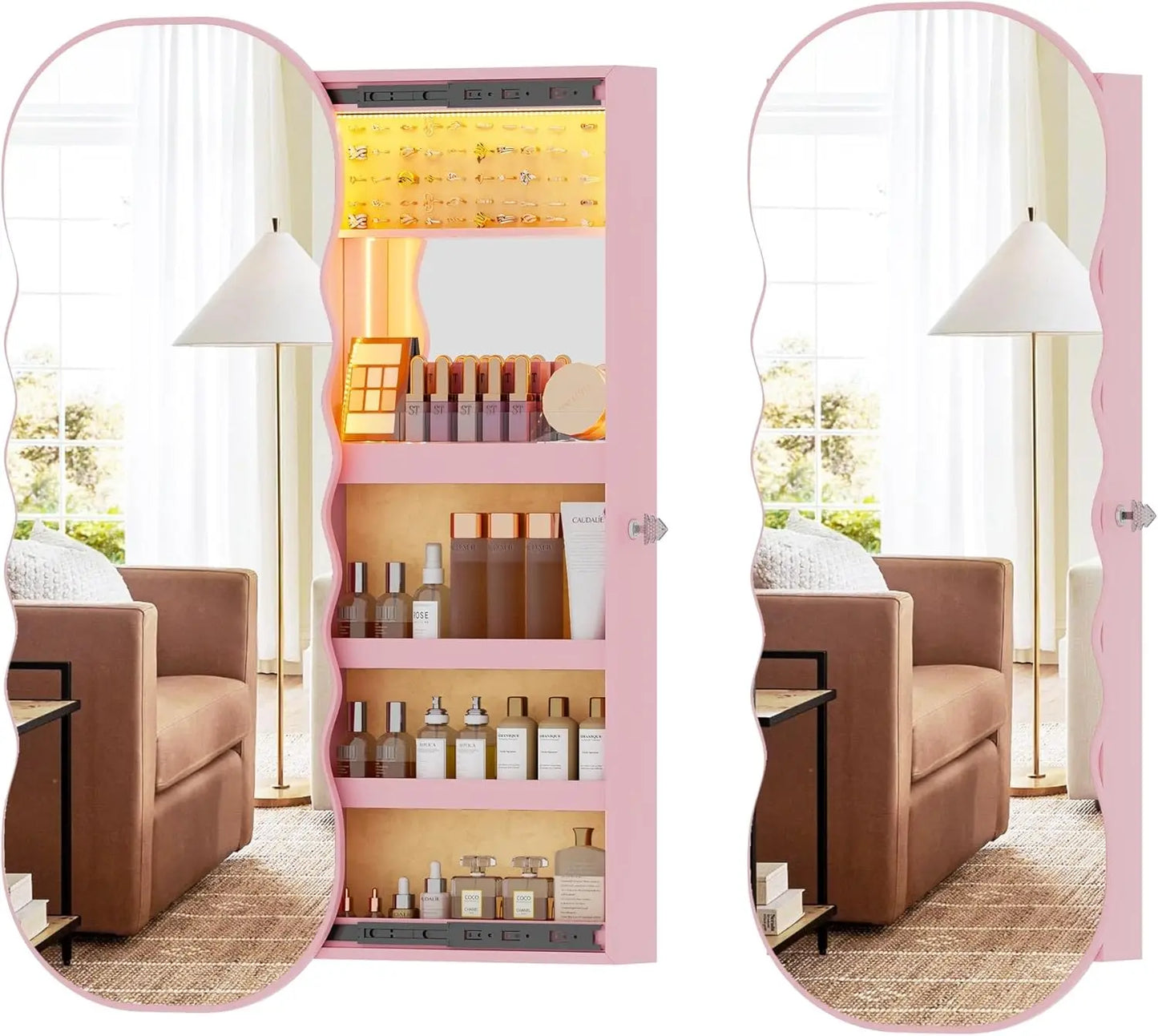 Jewelry Armoire with LED Lights Lockable Wavy Mirror Jewelry Organizer