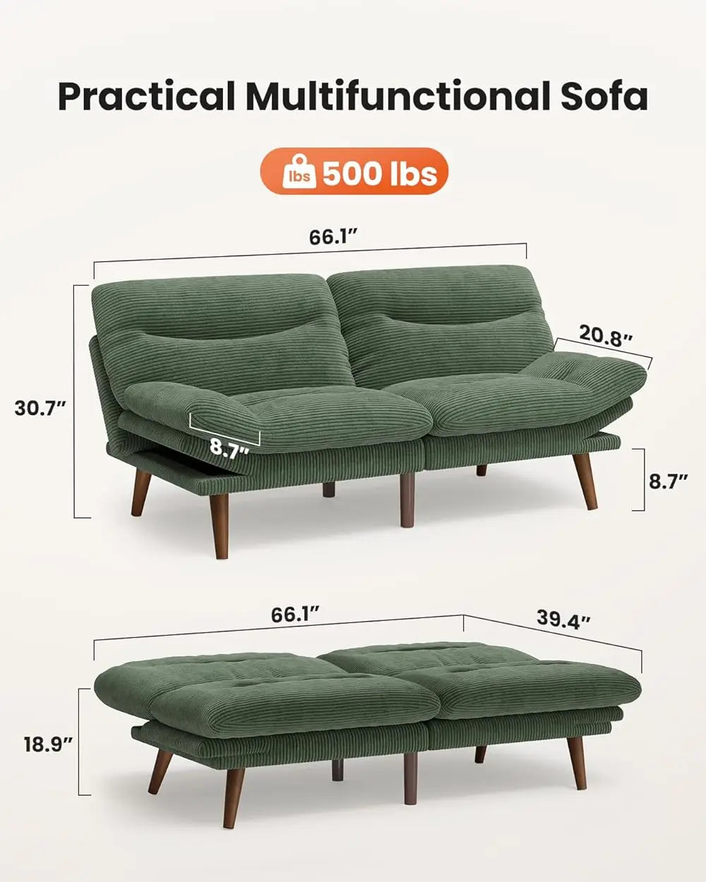 Ljustra 66 Inch Adjustable Backrest Armrests Futon Sofa Bed Sleeper