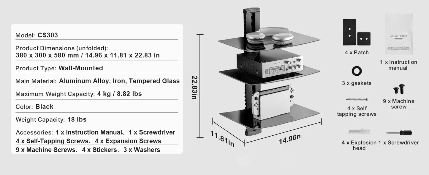 Ljustra 4-Tier AV Media Stand Adjustable Tempered Glass DVD Storage