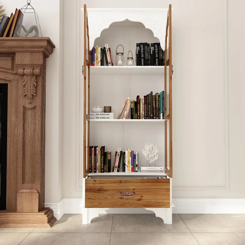 Carved Storage Cabinet 2 Glass Doors Drawer Living Room Furniture