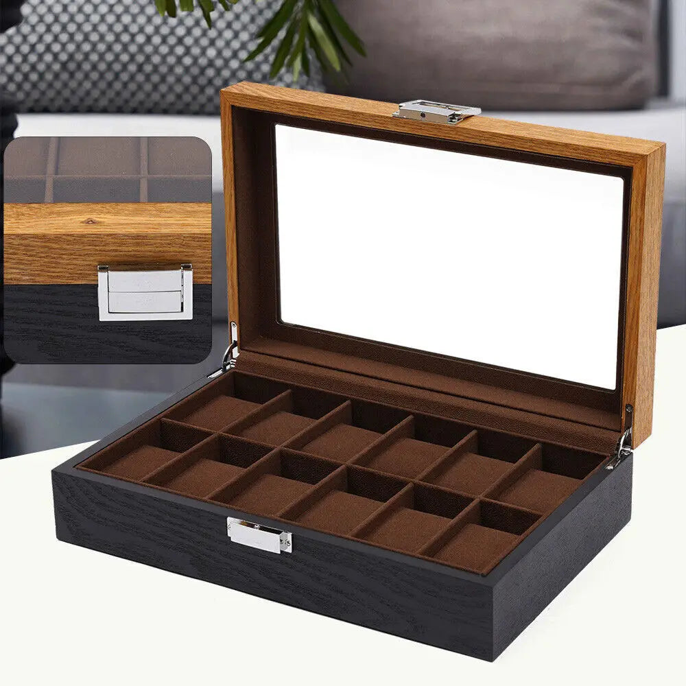 12 Slots Wooden Watch Box Organizer Jewelry Storage Case with Lock