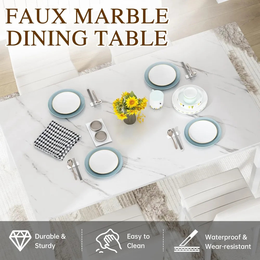 Dining Table Set for 4 Marble Top with Comfortable PU Leather Chairs