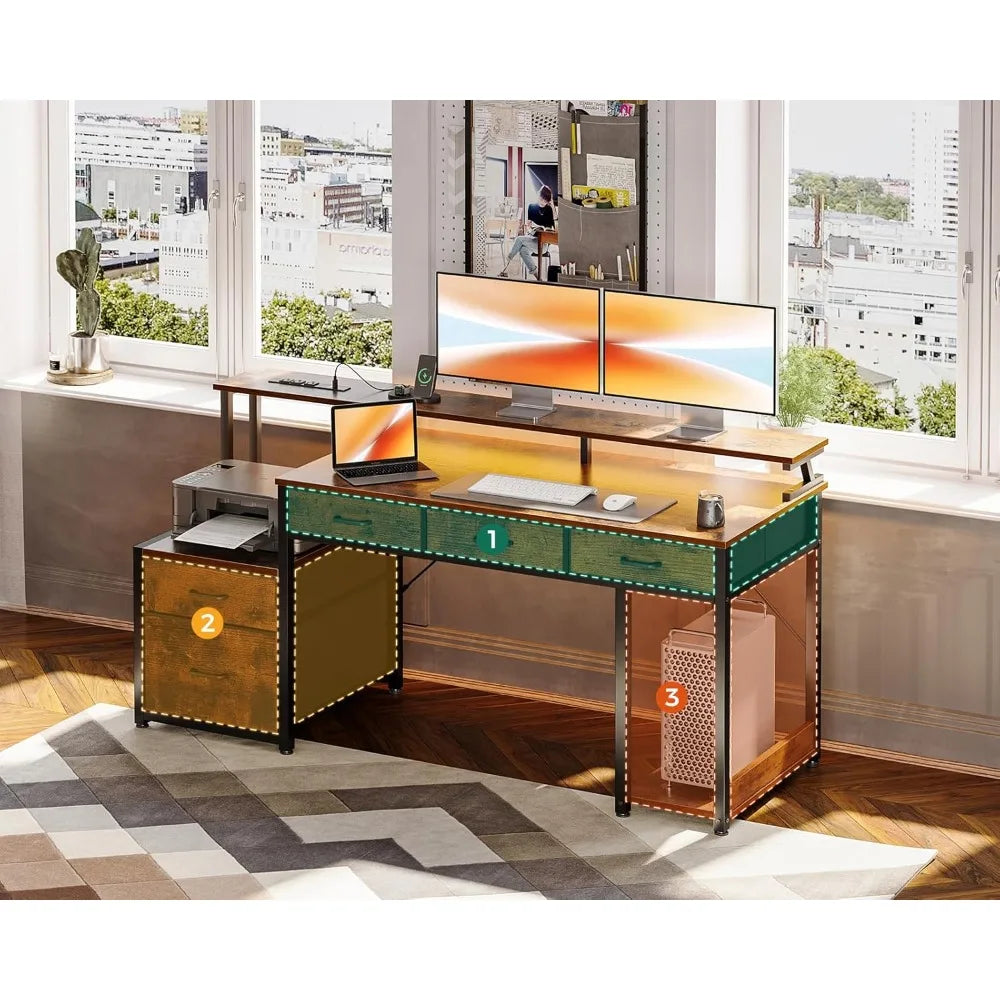 55 Inch Computer Desk with Drawers LED Lights Monitor Stand Storage