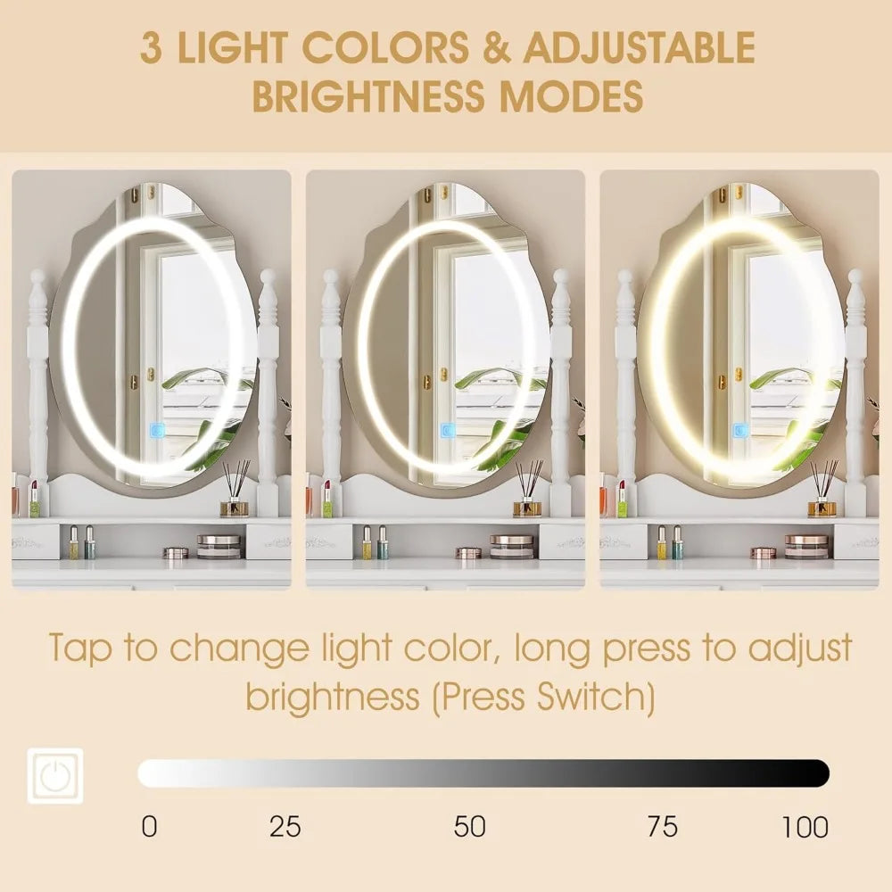 Modern Vanity Desk Set with Mirror Lights Makeup Table 4 Drawers