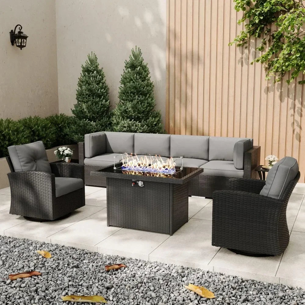 Patio Furniture Set with Fire Pit 8 Pieces Outdoor Wicker Sofa Set