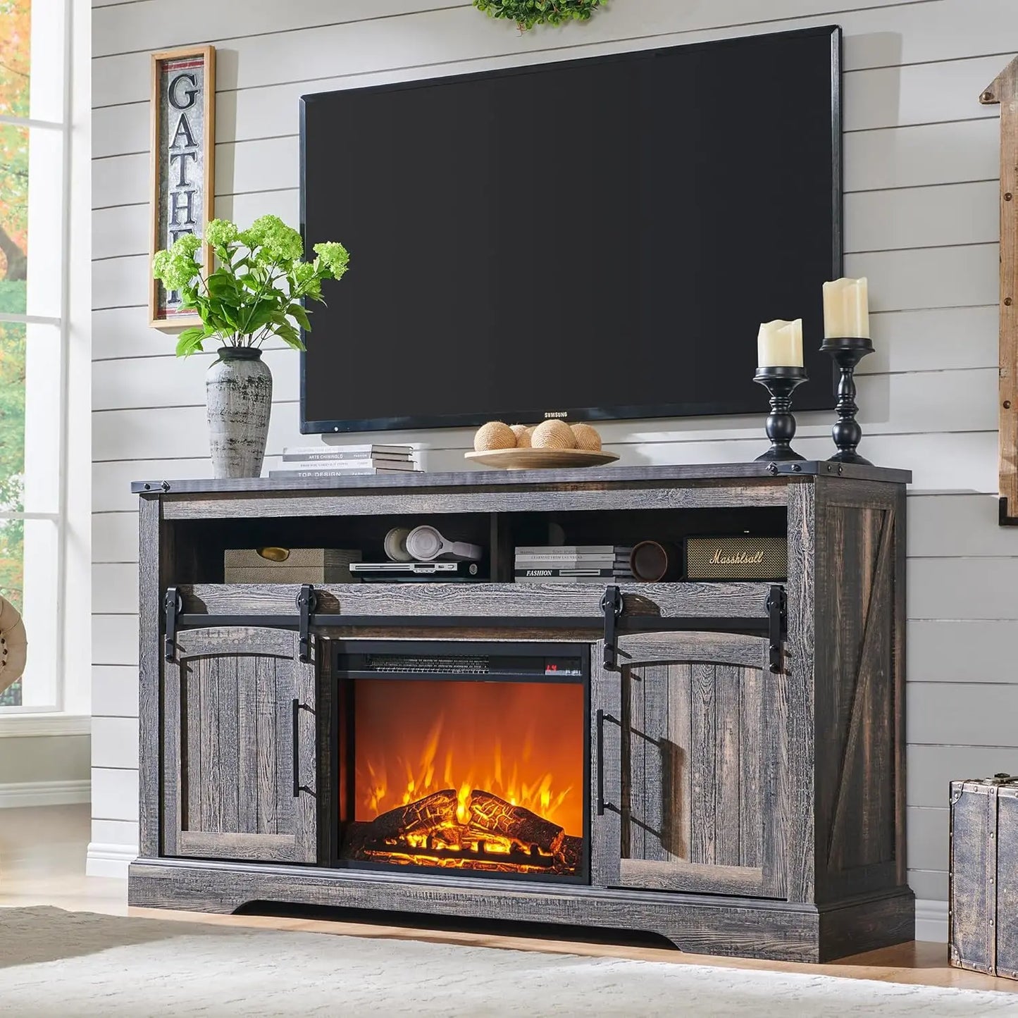 Farmhouse Fireplace TV Stand for 70 Inch TV Highboy Entertainment Center